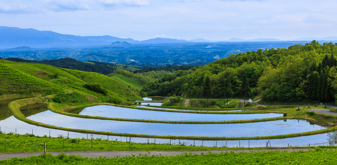 扇棚田を望む産山村遠景