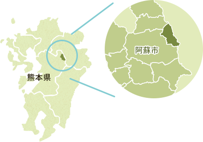 産山村の位置を示した地図。熊本県の中央よりやや北東にあり、阿蘇市の東に位置する。